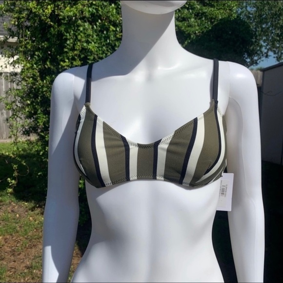 💋NWT SOLID & Striped Low Cut Olive Striped Bikini Top Size Large - Picture 2 of 12